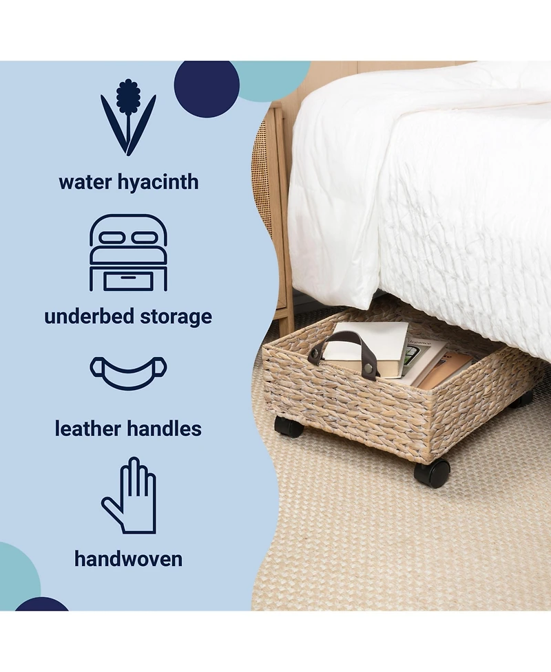 18.11" Hand-Woven Hyacinth Rectangular Underbed Storage Bin with Wheels and Handles
