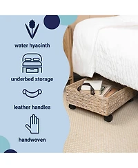 18.11" Hand-Woven Hyacinth Rectangular Underbed Storage Bin with Wheels and Handles