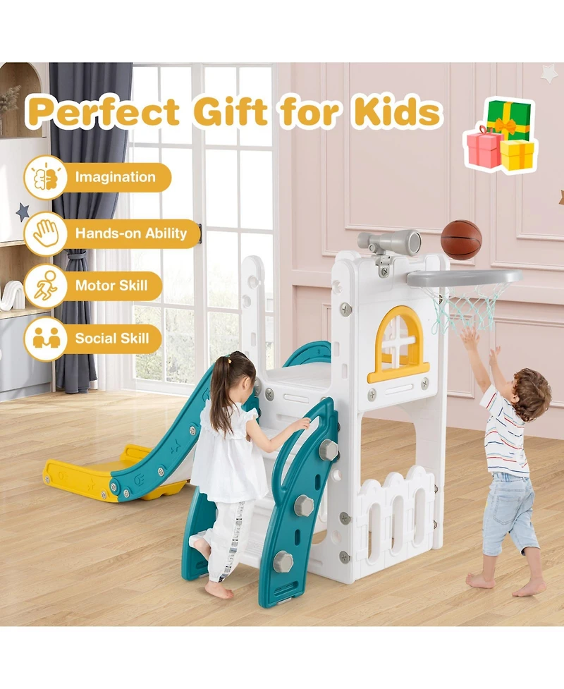 Hongge 6 In 1 L Shaped Toddler Slide With Climber Basketball Hoop Telescope And Storage Area