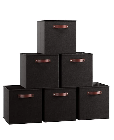 Ornavo Home 6 Pack Linen Fabric Kallax Storage Cube Bin with Faux Leather Handles