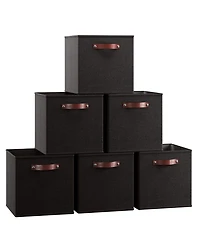 Ornavo Home 6 Pack Linen Fabric Kallax Storage Cube Bin with Faux Leather Handles