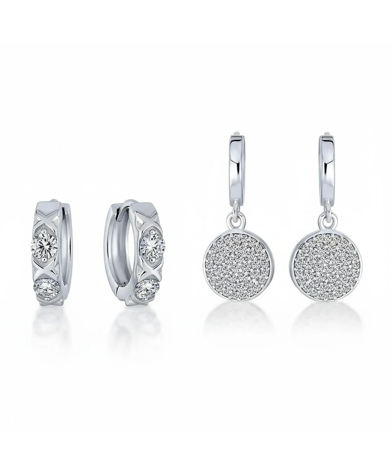 Bling Jewelry Set of 2 Cz Pave Cubic Zirconia Circle Disc & Crisscross Xo Huggie Hoop Earring Sterling Silver
