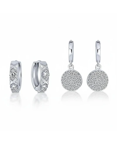 Bling Jewelry Set of 2 Cz Pave Cubic Zirconia Circle Disc & Crisscross Xo Huggie Hoop Earring Sterling Silver