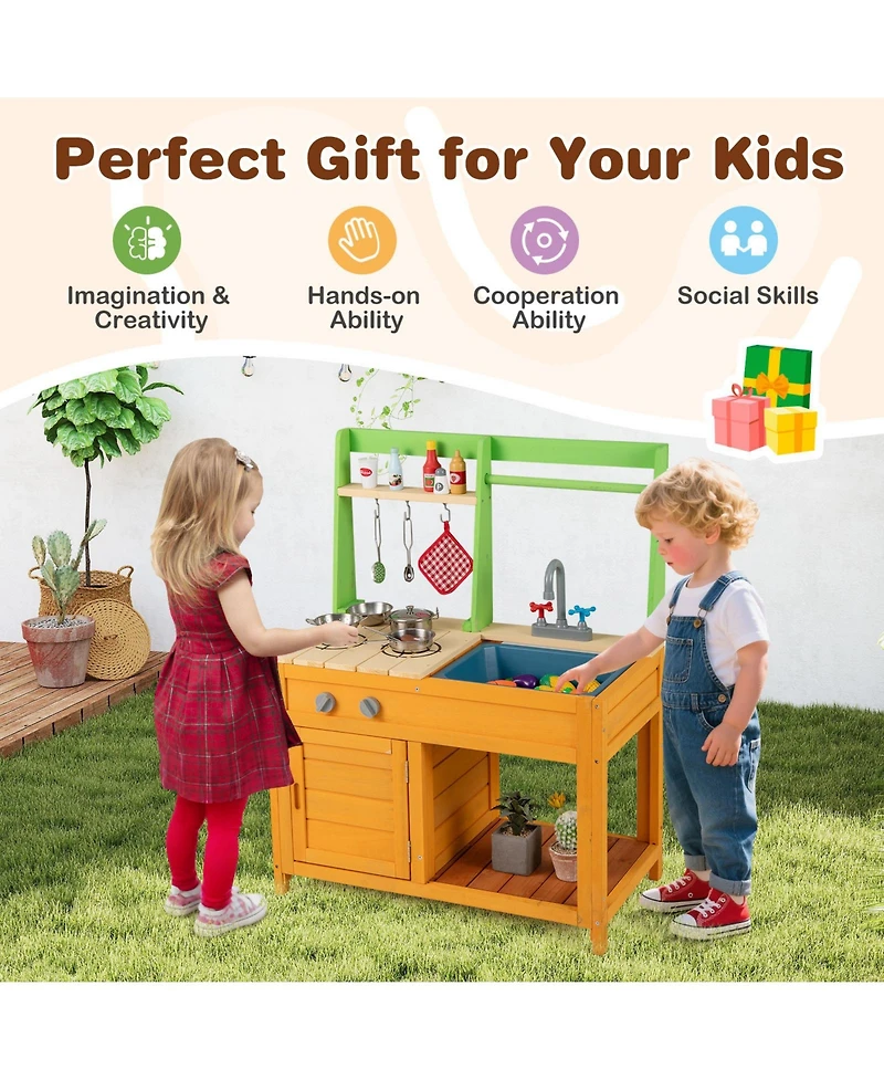 Hongge Wooden Outdoor Mud Kitchen Playset With Sink Stove And Accessories For Kids