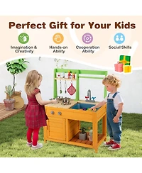 Hongge Wooden Outdoor Mud Kitchen Playset With Sink Stove And Accessories For Kids