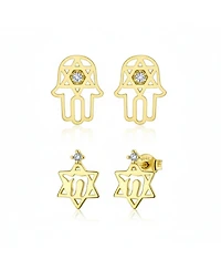Bling Jewelry Set of 2 Tiny Judaic Jewelry Cz Accent 14K Yellow Gold Hamsa Star Of David Judaic Stud Earrings Bat Mitzvah Secure Screwback Posts