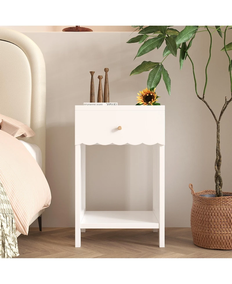 sumyeg Minimalist Scalloped Edge Nightstand with Drawer and Open Shelf in White