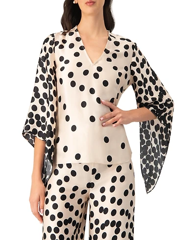Ivonne Women's Polka Dot V-Neck Blouse with Wide Sleeves
