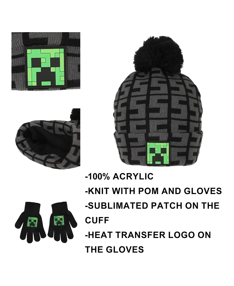 Minecraft Boys Ssss Creeper Black 2-Piece Knit Beanie & Gloves Set