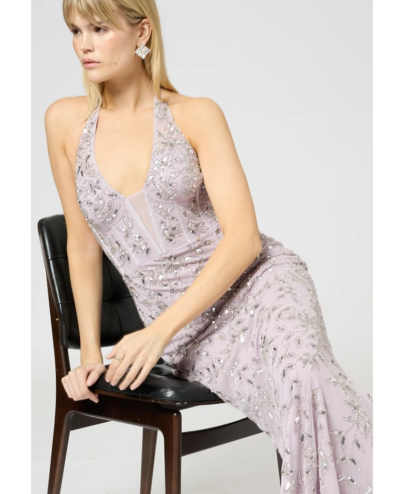 Beauut Women's Embellished Sequin Beaded Maxi Corset Dress