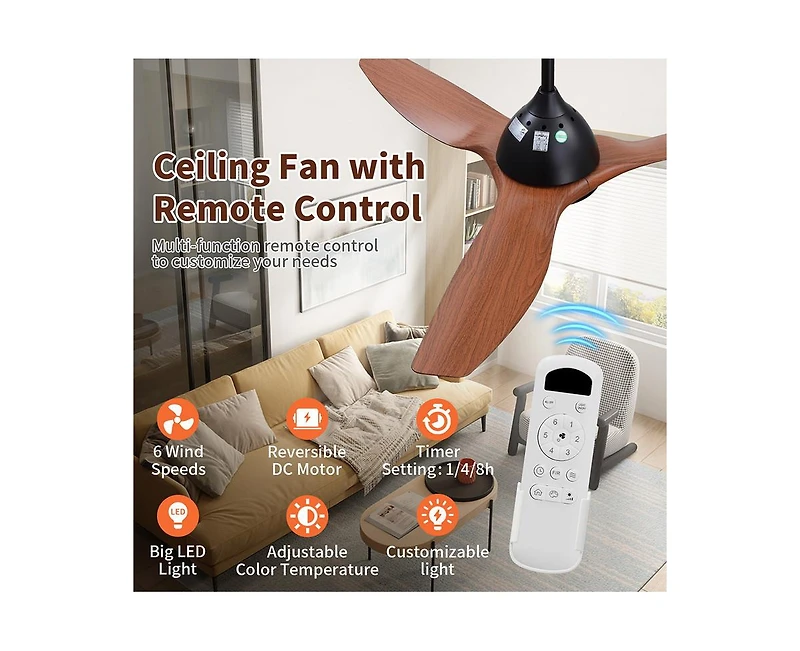 52-inch Modern Black 3-Blade Ceiling Fan with Led Light and Remote Control