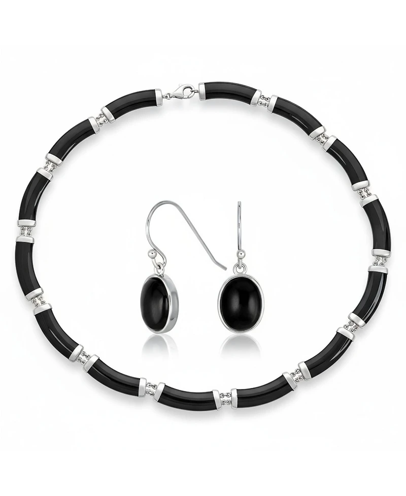 Bling Jewelry Black Onyx Strand Contoured Tube Bar Link Collar Necklace and Bezel Set Oval Cabochon Drop Earrings Jewelry Set Sterling Silver