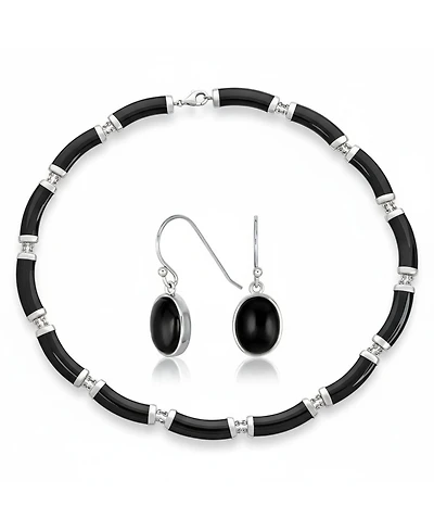 Bling Jewelry Black Onyx Strand Contoured Tube Bar Link Collar Necklace and Bezel Set Oval Cabochon Drop Earrings Jewelry Set Sterling Silver