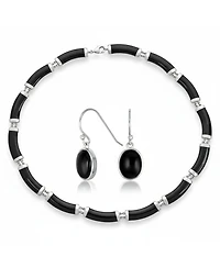 Bling Jewelry Black Onyx Strand Contoured Tube Bar Link Collar Necklace and Bezel Set Oval Cabochon Drop Earrings Jewelry Set Sterling Silver