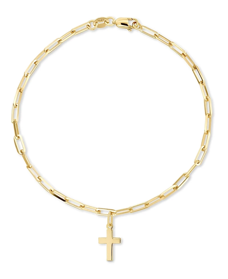 Devata Cross Charm with Paperclip Chain Bracelet in 14K Gold, in