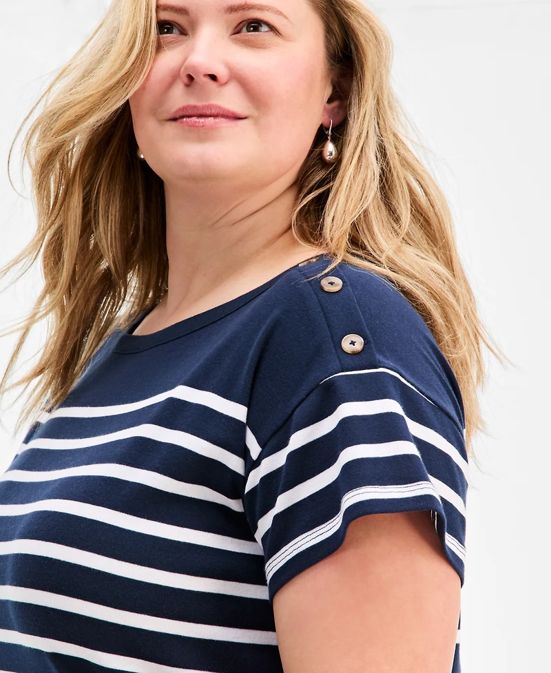 Style & Co Plus Stripe Button-Trim T-Shirt, Exclusively at Macy's