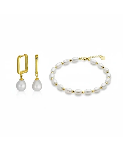Bling Jewelry White Freshwater Baroque Pearl Bracelet & Teardrop Pearl Huggie Earrings Jewelry Set Gold Plated