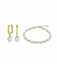 Bling Jewelry White Freshwater Baroque Pearl Bracelet & Teardrop Pearl Huggie Earrings Jewelry Set Gold Plated