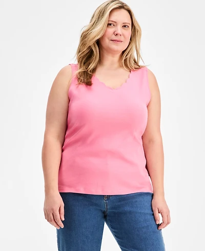 Style & Co Plus Solid-Color Scalloped V-Neck Tank Top, Exclusively at Macy's