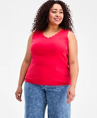 Style & Co Plus Solid-Color Scalloped V-Neck Tank Top, Exclusively at Macy's