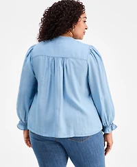 Style & Co Plus Smocked-Yoke Cotton Chambray Blouse, Macy's Exclusive