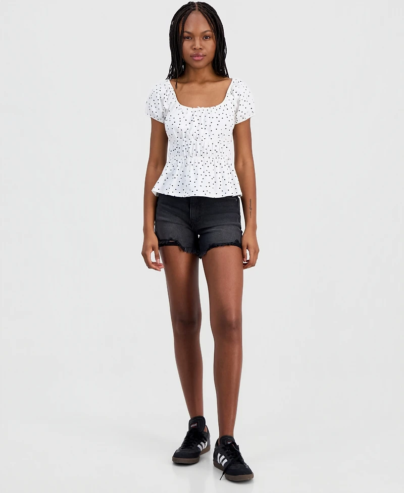 Hippie Rose Juniors' Printed Puff-Sleeve Peplum Peasant Top