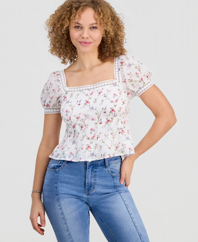 Celebrity Pink Juniors' Lace-Trim Pleated Babydoll Top