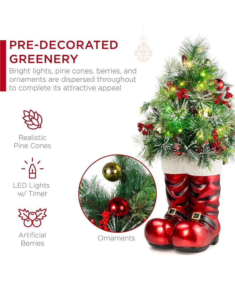 Best Choice Products 40in Santa Boots Decoration w/ Pre-Decorated Christmas Greenery, Battery-Operated Lights