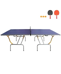 Rbied 8FT Foldable Table Tennis Set with Net, 2 Paddles and Balls, Portable Blue Mdf Ping Pong Table with Aluminum Frame for Apartment or Office Use