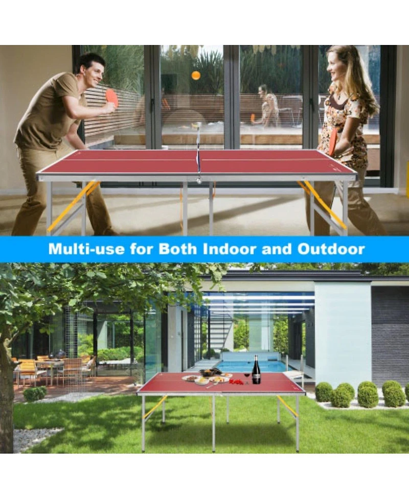 Rbied 6FT Foldable Red Mdf Ping Pong Table, Portable Table Tennis Table for Indoor Outdoor, Ping Pong Table Set with Net Paddles Balls