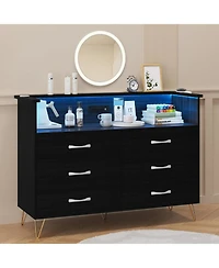 gaomon 6-Drawer Bedroom Dresser with Led Lighting and Power Outlet Wide Modern Chest 2-Tier Open Storage for Living Room Hallway or Entryway