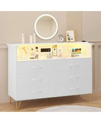 gaomon 6-Drawer Bedroom Dresser with Led Lighting and Power Outlet Wide Modern Chest 2-Tier Open Storage for Living Room Hallway or Entryway