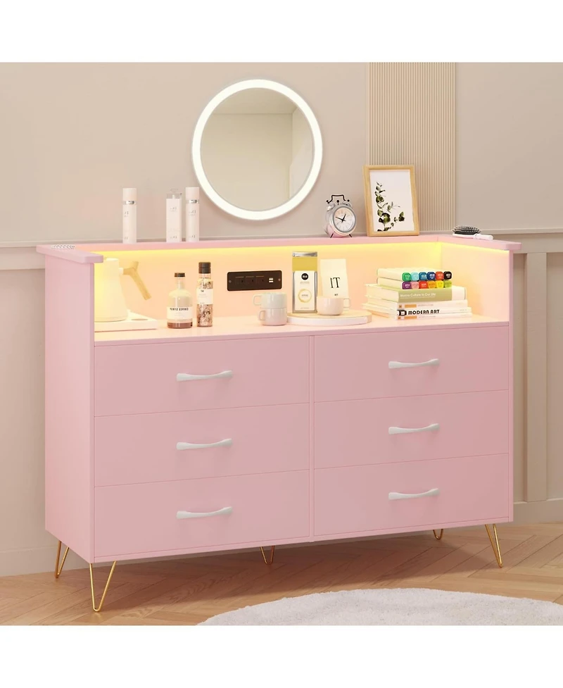 gaomon 6-Drawer Bedroom Dresser with Led Lighting and Power Outlet Wide Modern Chest with 2-Tier Open Storage for Living Room Hallway or Entryway