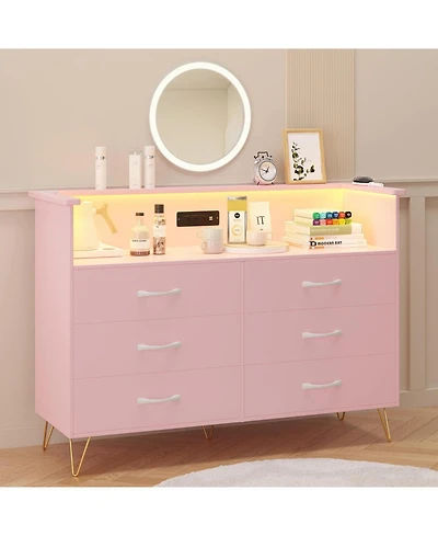 gaomon 6-Drawer Bedroom Dresser with Led Lighting and Power Outlet Wide Modern Chest with 2-Tier Open Storage for Living Room Hallway or Entryway