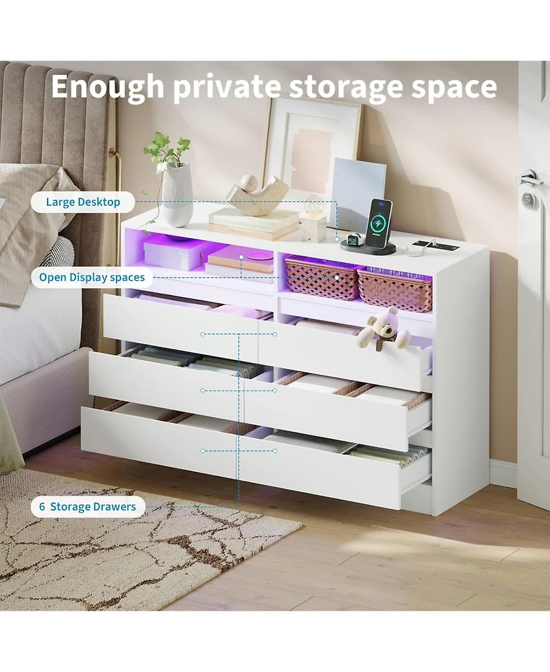 gaomon 6-Drawer Dresser with Led Lighting & Charging Station, Modern Storage Chest with Power Outlets for Bedroom, Living Room, or Entryway