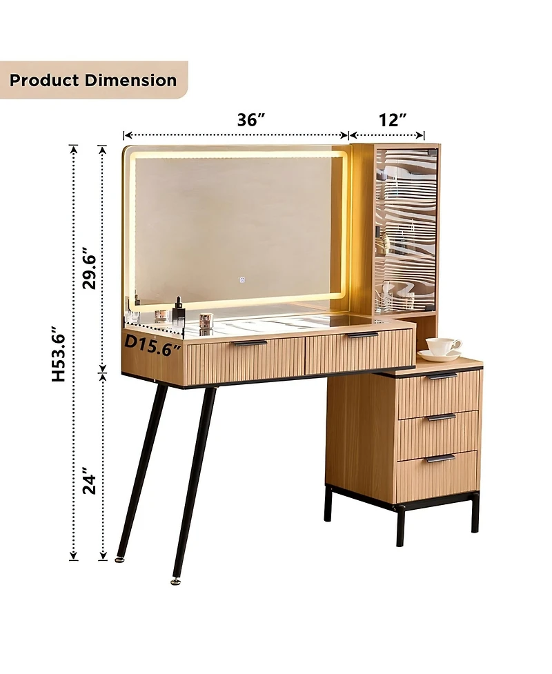 Boyel Living Vanity Desk with Mirror and Lights, 5 Drawers and Storage Shelves, Adjustable Brightness Makeup Table Set