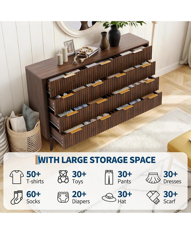 gaomon 54" Wide 9 Drawer Dresser,Wooden Chest of Drawers with Fluted Wave Pattern, Metal Handles, Modern Tv Stand Dresser Curved Profile