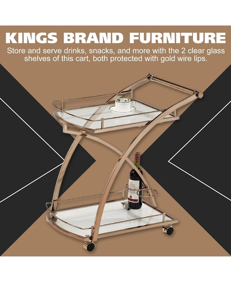 Kings Brand Furniture Gold Rolling Bar Cart with Glass Shelves & Wine Rack