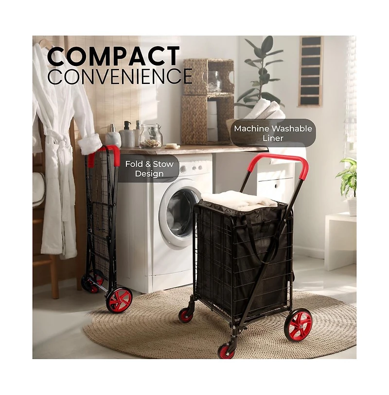 SereneLife Folding Utility Cart with Liner, Heavy-Duty, 360° Swivel Wheels, lb Capacity, Portable for Groceries