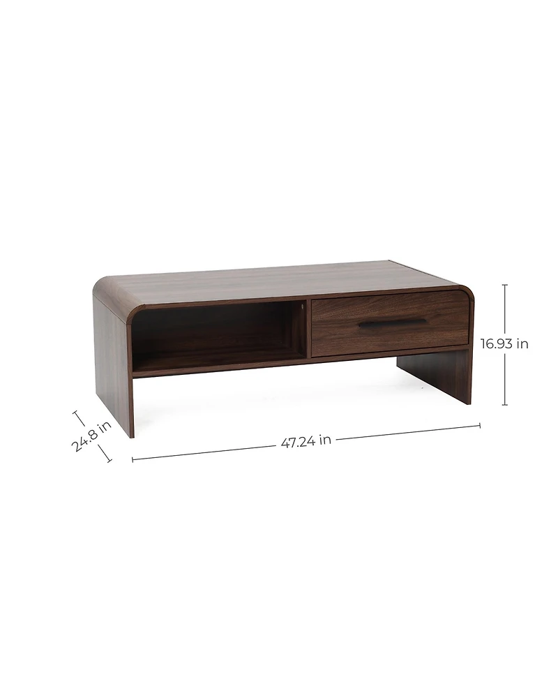 LuxenHome Walnut Finish 2-Drawer Coffee Table, Engineered Wood Open Storage Center Table with Rounded Corners for Living Room