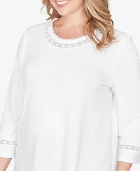 Ruby Rd. Plus Size Solid Clip Dot Lace Trim Knit Top