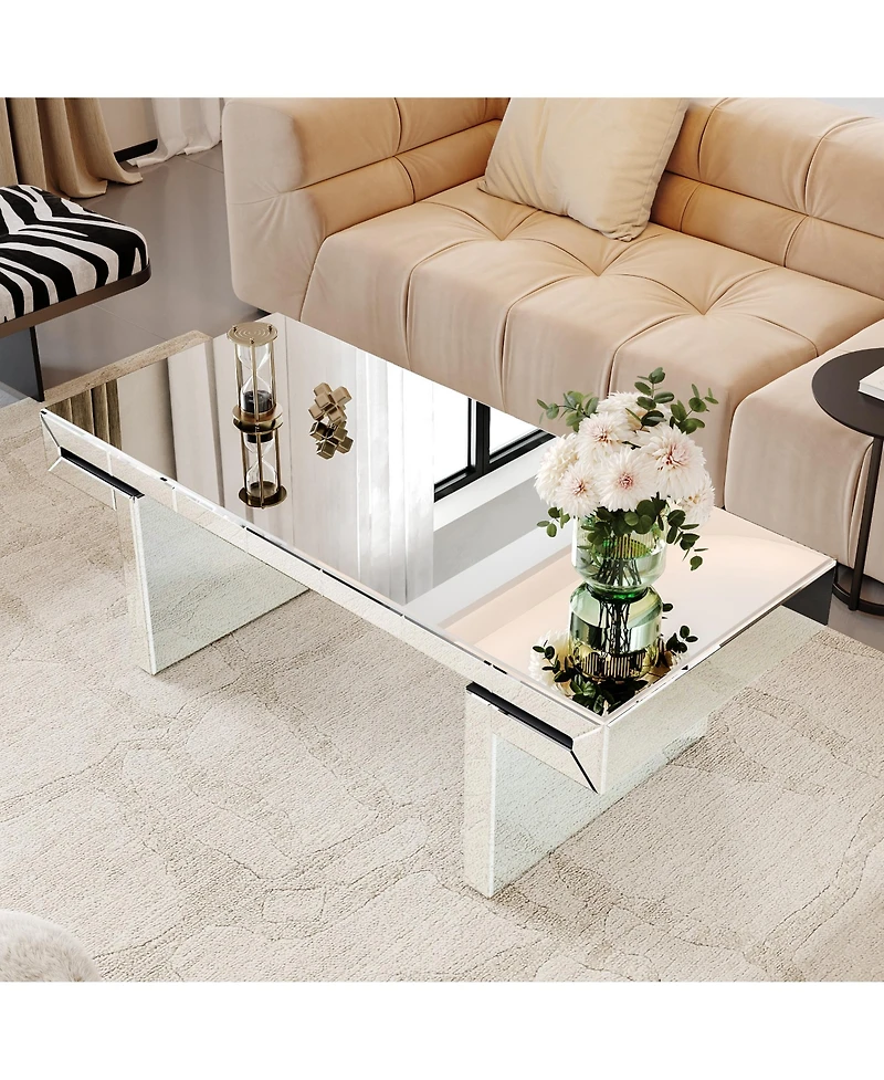 Lovmor 47 Inches Luxury Rectangular Mirror Coffee Table with Fluted Tempered Glass, Modern Sofa Side Table, Easy 2-Step Assembly
