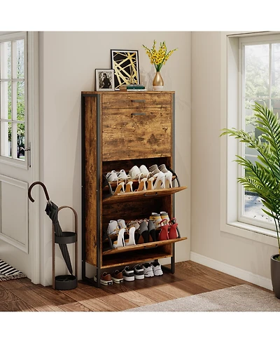 Lovmor Flip Top Shoe Cabinet Drawer Storage 12-15 Pairs White Rustic Brown Entryway