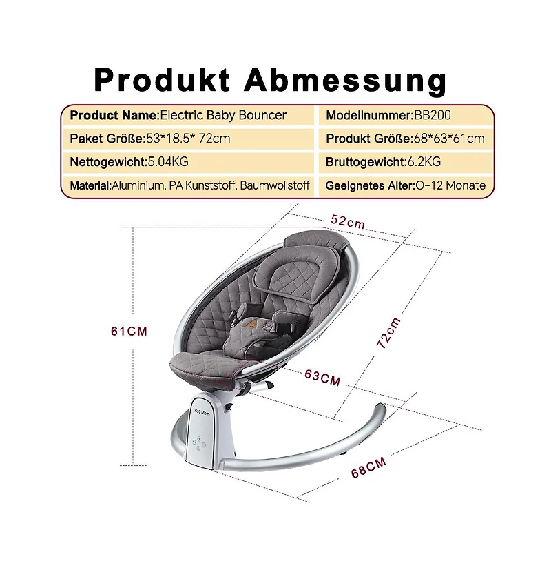 Cesicia Electric Baby Bouncer Baby Rocker Baby Chair with Bluetooth, Music Speaker, Intelligent Timing and Led Touch Screen