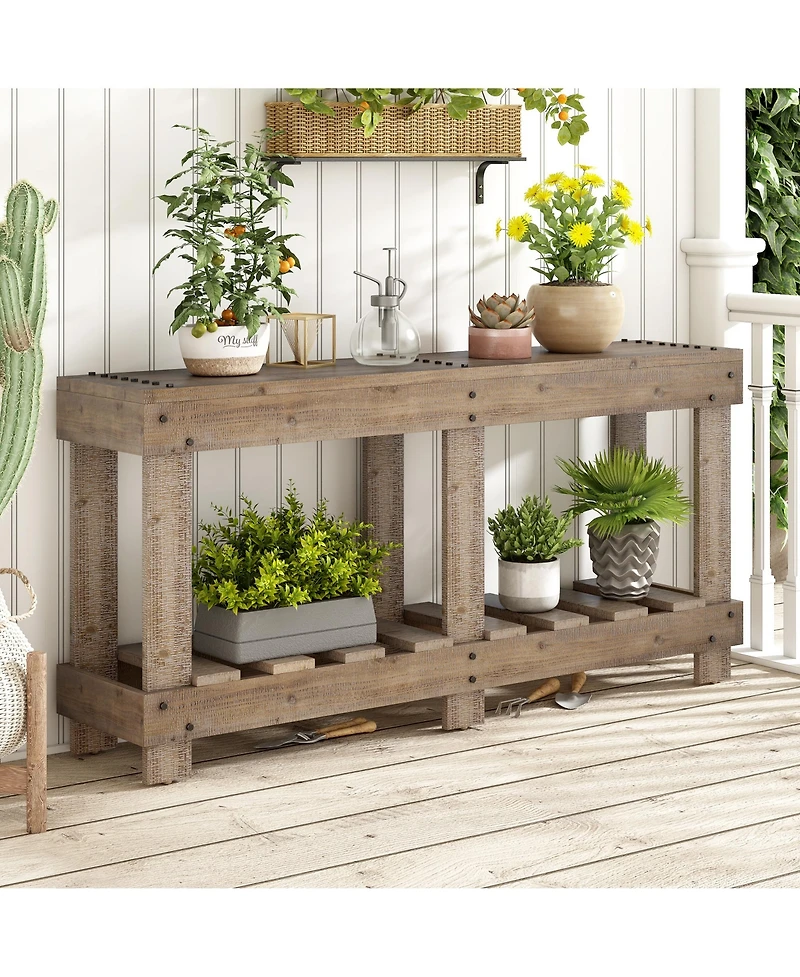 Lovmor 62.9" Vintage Entryway Table , 6 Reinforced Legs & 4.5" Thick Desktop, Metal Rivet Decor & Plank Under-Shelf, Console Table