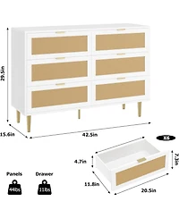 gaomon Rattan 6 Drawer Dresser, Wide Double Dresser with Gold Handles & Legs, Modern Chest with Large Storage for Bedroom or Living Room