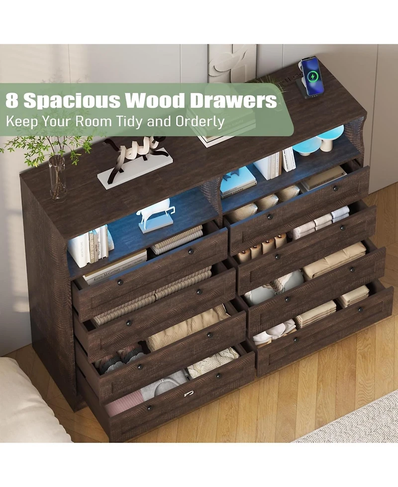 gaomon Dresser with 8 Drawers Wood Bedroom Dresser with Charging Station and Led Lights Large Modern Chest of Drawers for Bedroom Living Room Hallway