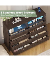 gaomon Dresser with 8 Drawers Wood Bedroom Dresser with Charging Station and Led Lights Large Modern Chest of Drawers for Bedroom Living Room Hallway