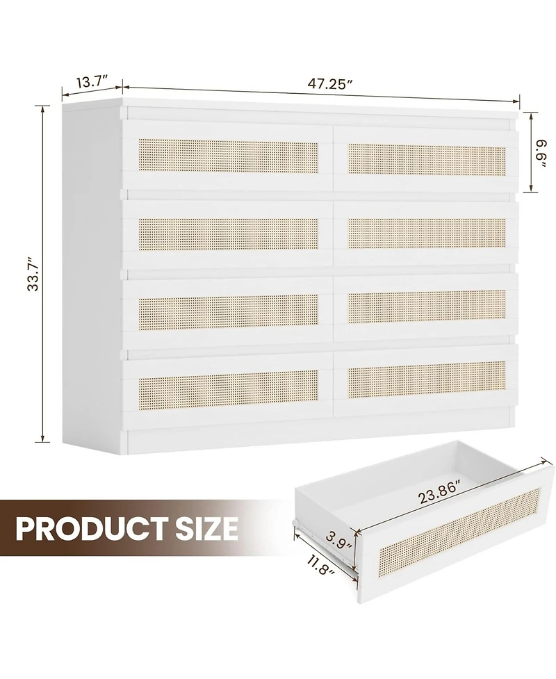 gaomon 8 Drawer Natural Dresser for Bedroom, Modern Farmhouse Chest with Slim Wood Frame, Space-Saving Tv Stand