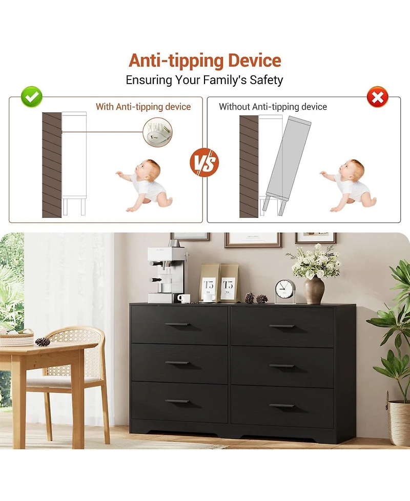 Gaomon 6-Drawer Dresser – Modern Wooden Chest with Metal Handles, Perfect Organizer for Bedroom, Closet, or Living Room.